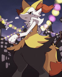 Rule 34 | +++, 1girl, animal ear fluff, animal ears, animal hands, animal nose, black fur, blue sky, blurry, body fur, bokeh, braixen, creatures (company), depth of field, female focus, flat chest, fox ears, fox girl, fox tail, from side, furry, furry female, game freak, gen 6 pokemon, gradient sky, half-closed eyes, highres, kemosuk, motion lines, multicolored fur, neck fur, night, nintendo, open mouth, outdoors, pokemon, pokemon (creature), red eyes, sky, snout, solo, standing, stick, sweat, tail, tears, thick thighs, thighs, watch, white fur, wristwatch, yellow fur