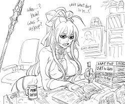 Rule 34 | 1girl, antenna hair, bad id, bags under eyes, bare shoulders, bb (baalbuddy), blazblue, book, book stack, bookshelf, bow, breasts, cactus, chair, clock, coffee mug, commentary, cup, d:, drooling, english commentary, english text, eraser, genderswap, genderswap (mtf), gloves, greyscale, hair bow, highres, holding, holding pen, inactive account, large breasts, lock, mai natsume, monochrome, mug, office chair, open mouth, outseal, padlock, pen, pencil, plant, polearm, ponytail, potted plant, saliva, simple background, solo, spear, studying, swivel chair, television, weapon, white background, writing