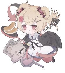 Rule 34 | 1girl, :q, animal ears, apron, arknights, arrow (symbol), bear ears, bear girl, black footwear, black jacket, blonde hair, blue dress, blush, candy hair ornament, chibi, chibi only, commentary, dress, food, food-themed hair ornament, frying pan, full body, gummy (arknights), gummy (elite ii) (arknights), hair ornament, highres, hocmiya, holding, holding frying pan, holding spatula, jacket, lollipop hair ornament, looking at viewer, pancake, pantyhose, red eyes, red pantyhose, road sign, short hair, sign, simple background, solo, spatula, tongue, tongue out, white apron, white background