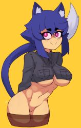 Rule 34 | 1girl, absurdres, animal ear fluff, animal ears, black shirt, blue hair, bottomless, breasts, cat ears, cat girl, cat tail, closed mouth, collared shirt, cowboy shot, crop top, doce, female focus, freckles, highres, large breasts, navel, original, purple eyes, shirt, short hair, simple background, smile, solo, tail, thighhighs, underboob, xiao (docecaedrus), yellow background