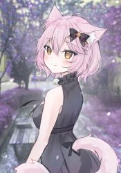 Rule 34 | 1girl, absurdres, ahoge, animal ear fluff, animal ears, anyuu, bare arms, bare shoulders, black bow, black dress, blush, bow, breasts, brown eyes, cat ears, cat girl, cat tail, closed mouth, commentary, day, dress, english commentary, flower, from side, hair between eyes, hair bow, highres, looking at viewer, looking to the side, medium breasts, nyatasha nyanners, nyatasha nyanners (6th costume), outdoors, petals, pink hair, purple flower, sleeveless, sleeveless dress, smile, solo, tail, tree, virtual youtuber, vshojo