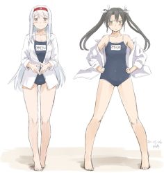Rule 34 | 1girl, blue one-piece swimsuit, brown eyes, competition school swimsuit, dark green hair, dress shirt, flat chest, full body, green eyes, hairband, kantai collection, kawashina (momen silicon), long hair, looking at viewer, name connection, one-piece swimsuit, school swimsuit, shirt, shoukaku (kancolle), simple background, solo, standing, swimsuit, twintails, white background, white hair, white shirt, zuikaku (kancolle)