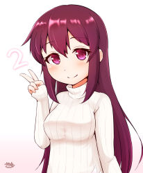 Rule 34 | 1girl, breasts, commentary request, highres, kantai collection, kisaragi (kancolle), long hair, medium breasts, purple eyes, purple hair, ribbed sweater, simple background, sleeves past wrists, smile, solo, sweater, upper body, v, white background, white sweater, zanne