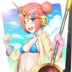 Rule 34 | 1girl, :d, bikini, bikini top only, blue bikini, blue eyes, breasts, clenched hand, commentary request, double bun, fate/apocrypha, fate/grand order, fate (series), frankenstein&#039;s monster (fate), frankenstein&#039;s monster (swimsuit saber) (fate), frankenstein&#039;s monster (swimsuit saber) (first ascension) (fate), hair bun, hair ornament, hairclip, heterochromia, horns, kouzuki tsubasa (musou kaidou), looking at viewer, medium breasts, navel, open mouth, pink hair, short hair, single horn, sleeves past wrists, smile, solo, swimsuit, upper body, yellow eyes