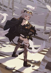 Rule 34 | 1girl, absurdres, ammunition, bad id, bad pixiv id, bare shoulders, bird, black coat, black footwear, black gloves, black thighhighs, blush, breasts, bullet, bullpup, cirilla lin, coat, double bun, eyewear on head, fn 5.7x28mm, gas mask, girls&#039; frontline, gloves, gun, hair bun, hair ornament, highres, holding, horizontal magazine, jacket, looking at viewer, mask, medium breasts, p90, p90 (girls&#039; frontline), pdw cartridge, personal defense weapon, pouch, red eyes, scenery, scope, see-through, short hair, silver hair, smile, snow, solo, standing, submachine gun, sunglasses, sunglasses on head, thigh pouch, thigh strap, thighhighs, tinted eyewear, torn clothes, torn thighhighs, translucent, tree, trigger, trigger discipline, twisted torso, weapon
