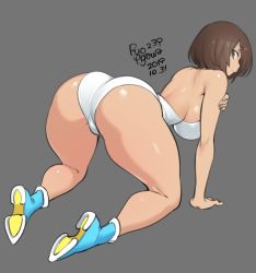 Rule 34 | 1girl, 2019, agawa ryou, all fours, arm support, artist name, ass, bare back, bare shoulders, boots, breasts, brown eyes, brown hair, commentary, dated, female focus, from behind, full body, grey background, large breasts, legs, leotard, looking at viewer, looking back, matching hair/eyes, original, profile, shiny skin, short hair, sideboob, signature, simple background, solo, thick thighs, thighs, white leotard