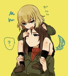 Rule 34 | 10s, 2girls, ?, bad id, bad pixiv id, black footwear, black skirt, black socks, carrying, closed mouth, emblem, fang, fume, girls und panzer, green jacket, jacket, katyusha (girls und panzer), loafers, long hair, long sleeves, looking at another, looking at viewer, looking back, miniskirt, multiple girls, musshu (omu001), nonna (girls und panzer), one eye closed, open mouth, pleated skirt, pravda school uniform, red shirt, school uniform, shirt, shoes, short hair, shoulder carry, simple background, skirt, smile, socks, spoken question mark, standing, turtleneck, upper body, yellow background