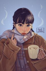 Rule 34 | 1girl, absurdres, april jubilees, artist name, black eyes, blue scarf, blush, braid, brown jacket, commentary, cup, dated commentary, english commentary, hand on own chest, highres, holding, holding cup, hot chocolate, jacket, jewelry, k-pop, kim chae-won, le sserafim, looking at viewer, mole, mole under eye, mug, parted lips, plaid, plaid scarf, real life, red lips, ring, scarf, solo, upper body