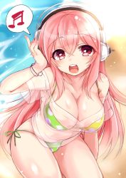 Rule 34 | 1girl, bad id, bad pixiv id, beach, bikini, bikini under clothes, breasts, cleavage, headphones, large breasts, long hair, musical note, nitroplus, open mouth, paragasu (parags112), pink eyes, pink hair, side-tie bikini bottom, solo, super sonico, swimsuit, swimsuit under clothes