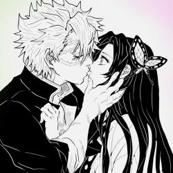 Rule 34 | 1boy, 1girl, butterfly hair ornament, closed eyes, cross scar, demon slayer uniform, eyelashes, from side, hair ornament, hand on another&#039;s chest, hand on another&#039;s chin, hand on another&#039;s face, hand up, hands up, haori, hetero, highres, imminent kiss, japanese clothes, kimetsu no yaiba, kochou kanae, long hair, looking at another, monochrome, multicolored background, nagasawa setsu, open clothes, parted lips, profile, scar, scar on arm, scar on chest, scar on face, scar on forehead, scar on nose, shinazugawa sanemi, short hair, sleeves rolled up, upper body