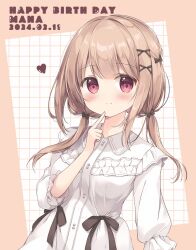 Rule 34 | 1girl, black bow, blush, bow, breasts, brown background, brown hair, closed mouth, commentary request, dated, dress, frilled dress, frills, hair bow, hair over shoulder, happy birthday, heart, long hair, long sleeves, looking at viewer, low twintails, medium breasts, miyasaka naco, original, puffy long sleeves, puffy sleeves, red eyes, smile, solo, twintails, white dress
