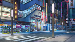 Rule 34 | akihabara (tokyo), arsenixc, artist name, car, city, commentary, copyright name, crosswalk, escalator, game cg, highres, lamppost, love money rock&#039;n&#039;roll, motor vehicle, motorcycle, night, no humans, official art, official wallpaper, original, outdoors, real world location, road, scenery, shop, sidewalk, sign, storefront, street, television, tokyo (city), watermark