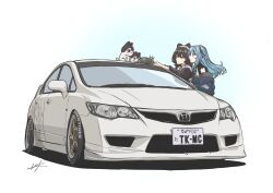 Rule 34 | 2girls, absurdres, animal ears, ban (inui toko), blue hair, blue jacket, brand name imitation, brown hair, character request, check character, closed mouth, commentary request, crown, hat, heterochromia, highres, hololive, honda, honda civic, honda civic type r, hoshimachi suisei, inui toko, jacket, jacket partially removed, ken (inui toko), license plate, looking at another, maid headdress, mini crown, multiple girls, nijisanji, one side up, orange eyes, plaid headwear, red eyes, signature, simple background, smile, unworn hat, unworn headwear, vehicle focus, virtual youtuber, waju220, white background