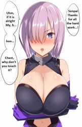 Rule 34 | 1girl, alternate breast size, arms under breasts, bare shoulders, blush, breasts, bright pupils, cleavage, cleavage cutout, clothing cutout, crossed arms, elbow gloves, english text, fate/grand order, fate (series), gloves, hair over one eye, hard-translated, highres, huge breasts, kloah, leotard, looking at viewer, mash kyrielight, navel, navel cutout, open mouth, purple eyes, purple gloves, purple hair, purple leotard, simple background, solo, speech bubble, stomach, stomach cutout, third-party edit, translated, white background