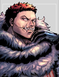 Rule 34 | 1boy, black gloves, charlotte katakuri, chest tattoo, eating, food, food on face, gloves, looking at viewer, male focus, one piece, portrait, scarf, sharp teeth, short hair, sige 94, solo, spikes, stitches, tattoo, teeth, tusks, upper body