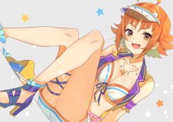 Rule 34 | 1girl, ahoge, bare shoulders, bikini, blue footwear, blue skirt, blush, breasts, brown eyes, brown hair, cleavage, collarbone, dolphin necklace, dutch angle, flipped hair, from below, front-tie bikini top, front-tie top, grey background, high heels, idolmaster, idolmaster cinderella girls, idolmaster cinderella girls starlight stage, jacket, knees up, kurotea, large breasts, looking at viewer, miniskirt, multicolored bikini, multicolored clothes, multicolored jacket, nishijima kai, open clothes, open jacket, open mouth, pencil skirt, purple armband, short hair, sitting, skirt, sleeveless, sleeveless jacket, smile, solo, star (symbol), starry background, swimsuit, thigh strap, two-tone jacket, visor cap