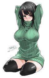 Rule 34 | 10s, 1girl, arms behind head, arms up, artist name, black hair, black panties, black thighhighs, blush, breasts, covered erect nipples, female focus, highres, impossible clothes, impossible sweater, kantai collection, large breasts, panties, red eyes, ribbed sweater, short hair, signature, sketch, solo, sweater, tachibana roku, takao (kancolle), thighhighs, thighs, turtleneck, underwear