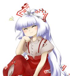 Rule 34 | 1girl, blunt bangs, brown shirt, buttons, closed mouth, collared shirt, dress shirt, fujiwara no mokou, hand up, long hair, nonamejd, official style, pants, red pants, shirt, short sleeves, simple background, smile, solo, suspenders, touhou, very long hair, white background, white hair, zun (style)