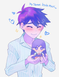 Rule 34 | 1boy, antenna hair, aqua pajamas, blush, bright pupils, buttons, character doll, closed eyes, closed mouth, collared shirt, colored skin, doll, english text, hair behind ear, hair between eyes, heart, hero (headspace) (omori), hero (omori), highres, holding, holding doll, long hair, long sleeves, mari (headspace) (omori), mari (omori), maromichan, neckerchief, omori, pajamas, purple eyes, purple hair, purple skin, purple sweater vest, red neckerchief, red skirt, shirt, short hair, skirt, smile, solo, sparkle, striped clothes, striped pajamas, striped shirt, sweater vest, upper body, vertical-striped clothes, vertical-striped pajamas, vertical-striped shirt, white background, white pajamas, white pupils, white shirt