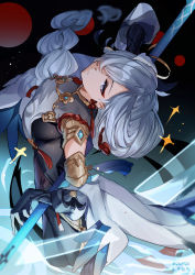 Rule 34 | 1girl, absurdres, black bodysuit, black gloves, blue eyes, bodysuit, braid, breast curtain, breasts, bridal gauntlets, chinese clothes, closed mouth, earrings, elbow gloves, from above, from side, genshin impact, gloves, gold trim, gradient eyes, grey hair, guzangnanfeng, hair over one eye, highres, hip vent, holding, holding polearm, holding weapon, jewelry, kuji-in, large breasts, leaning back, long hair, looking at viewer, low-braided long hair, low-tied long hair, multicolored eyes, one eye covered, partially fingerless gloves, polearm, shenhe (genshin impact), sidelocks, spear, tassel, tassel earrings, very long hair, weapon, white hair