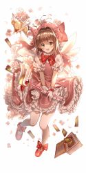 Rule 34 | 1girl, :d, antenna hair, blush, bow, bowtie, brown hair, card, cardcaptor sakura, dress, frilled dress, frills, full body, gloves, green eyes, hair between eyes, high heels, highres, holding, holding staff, kero (cardcaptor sakura), kinomoto sakura, layered dress, lium, long hair, looking at viewer, open mouth, pink dress, pumps, red bow, red footwear, short sleeves, simple background, smile, solo, staff, white background, white gloves