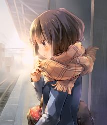 Rule 34 | 1girl, bag, blue jacket, blush, bookbag, breath, brown eyes, brown hair, brown scarf, closed mouth, commentary request, enpera, from side, jacket, kuga tsukasa, long hair, long sleeves, original, outdoors, plaid, plaid scarf, polka dot, profile, railroad tracks, scarf, school bag, sleeves past wrists, solo, sunlight, train station