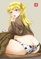 Rule 34 | 1girl, animal print, ass, ass focus, blonde hair, blue eyes, breasts, brown sweater, butt crack, cow print, cow print panties, cup, eating, female focus, from behind, kotatsu, large breasts, long hair, looking at viewer, mug, open mouth, original, shiina nami, simple background, sitting, solo, sweater, table, thick thighs, thighs, twintails