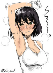 Rule 34 | 10s, 1girl, arm up, armpits, bare shoulders, black hair, breasts, cleavage, clenched teeth, commentary request, girls und panzer, green eyes, hoshino (girls und panzer), large breasts, one-hour drawing challenge, shirt, short hair, solo, sweat, tank top, teeth, twitter username, white shirt, yusukesan