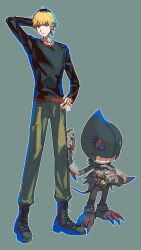 Rule 34 | 1boy, 1other, claws, digimon, digimon (creature), digimon survive, dracumon, highres, shinonome kaito, simple background, teeth
