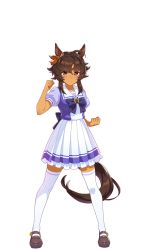 Rule 34 | 1girl, animal ears, arm up, bitter glasse (umamusume), bow, bowtie, brown eyes, brown footwear, brown hair, brown ribbon, clenched hands, dark-skinned female, dark skin, ear ribbon, frilled skirt, frills, full body, highres, horse ears, horse girl, horse tail, horseshoe ornament, loafers, official art, pleated skirt, puffy short sleeves, puffy sleeves, purple bow, purple bowtie, purple serafuku, purple shirt, ribbon, sailor collar, sailor shirt, school uniform, serafuku, shirt, shoes, short hair, short sleeves, simple background, skirt, solo, standing, tachi-e, tail, thighhighs, tracen school uniform, transparent background, umamusume, white skirt, white thighhighs