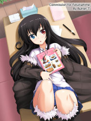 Rule 34 | 1girl, bellezza felutia, black hair, blue eyes, blush, borrowed character, butter-t, heterochromia, jewelry, long hair, lying, male focus, menu, on back, on table, open mouth, original, pendant, red eyes, skirt, solo, table, tissue box, trap