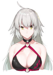 Rule 34 | 1girl, ahoge, bare shoulders, bikini, black bikini, breasts, cleavage, closed mouth, collar, fate/grand order, fate (series), glint, grey hair, highres, jeanne d&#039;arc alter (swimsuit berserker) (fate), jeanne d&#039;arc (fate), jeanne d&#039;arc alter (fate), jeanne d&#039;arc alter (swimsuit berserker) (fate), large breasts, long hair, looking at viewer, muchi maro, nepty (silkey vod), o-ring, o-ring top, raised eyebrow, simple background, solo, swimsuit, upper body, white background, yellow eyes