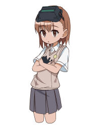 1girl absurdres animal black_cat brown_eyes brown_hair brown_sweater_vest cat commentary grey_skirt head-mounted_display highres holding holding_animal holding_cat kitten misaka_imouto open_mouth pension_z school_uniform shirt short_hair simple_background skirt solo sweater_vest toaru_kagaku_no_railgun toaru_majutsu_no_index tokiwadai_school_uniform white_background white_shirt