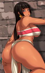 Rule 34 | 1girl, absurdres, ass, ass grab, back, black eyes, black hair, blunt bangs, breasts, chel (the road to el dorado), covered erect nipples, dark-skinned female, dark skin, earrings, grabbing own ass, highres, jewelry, jmg, large breasts, loincloth, long hair, looking at viewer, parted lips, pelvic curtain, shoulder blades, sideboob, signature, simple background, solo, standing, straight hair, strapless, the road to el dorado, thick thighs, thighs, tube top, underboob
