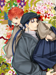 Rule 34 | 2boys, bad id, bad pixiv id, blue hair, cabbie hat, cu chulainn (fate), earrings, emiya shirou, fate/stay night, fate (series), hat, japanese clothes, jewelry, kimono, cu chulainn (fate/stay night), long hair, male focus, mitsuki mitsuno, multiple boys, ponytail, red eyes, red hair, yellow eyes