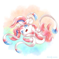 Rule 34 | animal focus, artist name, blue eyes, bow, bright pupils, commentary request, creatures (company), game freak, gen 6 pokemon, highres, lying, multicolored background, nintendo, no humans, on back, pokemon, pokemon (creature), prehensile ribbon, remedy matome, sylveon, twitter username, white background, white bow, white fur