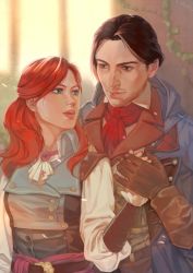 Rule 34 | 1boy, 1girl, arno dorian, assassin&#039;s creed: unity, assassin&#039;s creed (series), belt, bow, bowtie, bracelet, brown eyes, brown hair, coat, cross, elise de la serre, gloves, green eyes, hands together, highres, hood, hooded coat, ivy, jewelry, plant, red hair, sash