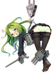 Rule 34 | 10s, 1girl, anger vein, ass, black pantyhose, blush, blvefo9, clothes pull, crescent, crescent hair ornament, green eyes, green hair, hair ornament, highres, kantai collection, long hair, looking at viewer, looking back, matching hair/eyes, nagatsuki (kancolle), open mouth, panties, pantyhose, pantyhose pull, pantyshot, personification, school uniform, serafuku, simple background, skirt, solo, striped clothes, striped panties, tears, thighband pantyhose, underwear, upskirt, white background