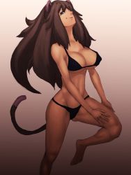 Rule 34 | 1girl, animal ears, bikini, black bikini, blue eyes, breasts, brown hair, cat ears, cat tail, cleavage, curvy, fumio (rsqkr), gradient background, large breasts, long hair, smile, solo, swimsuit, tail, toned