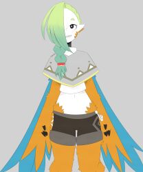Rule 34 | 1girl, absurdres, animal ears, artist name, bird ears, bird legs, blue feathers, braid, colored skin, feathers, gimli34, gradient hair, green hair, grey background, grey poncho, grin, hair over one eye, harpy, highres, hip vent, long hair, mako (eogks), monster girl, multicolored hair, navel, orange feathers, original, sharp teeth, shorts, smile, solo, teeth, two-tone wings, white skin, winged arms, wings