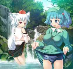 Rule 34 | 2girls, animal ears, blue eyes, blue hair, clothes lift, dog ears, dress, dress lift, female focus, hat, ichio, impossible clothes, impossible shirt, inubashiri momiji, kawashiro nitori, key, multiple girls, one-piece swimsuit, red eyes, school swimsuit, shirt, skirt, skirt lift, swimsuit, swimsuit under clothes, tail, tokin hat, touhou, twintails, two side up, wading, water, waterfall, white hair, wolf ears, wolf tail