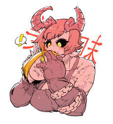 Rule 34 | !, 1girl, bare shoulders, black sclera, blush, cannibalism, chain, colored sclera, copyright request, curled horns, demon girl, diablo (series), diablo 1, disembodied head, gloves, highres, holding, horns, muscular, muscular female, open mouth, pink hair, scar, short hair, simple background, slit pupils, spoken exclamation mark, ssambatea, upper body, white background, yellow eyes