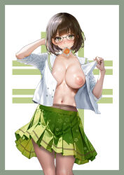 1girl ayase_shichikai black-framed_eyewear blush border breasts brown_hair brown_pantyhose cleavage closed_mouth collarbone commentary_request condom condom_in_mouth condom_wrapper contrapposto feet_out_of_frame floral_print_skirt glasses green_border green_eyes green_skirt hand_in_own_hair hands_up highres large_breasts lips looking_at_viewer miniskirt mouth_hold nijisanji nipples no_bra open_clothes open_shirt outside_border pantyhose pleated_skirt sailor_collar seto_miyako seto_miyako_(1st_costume) shirt short_hair skirt sleeves_rolled_up small_sweatdrop smile solo standing stomach undressing virtual_youtuber white_background white_sailor_collar white_shirt