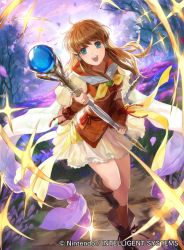 Rule 34 | 1girl, blue eyes, brown hair, company name, copyright name, fire emblem, fire emblem: path of radiance, fire emblem cipher, full body, holding, holding staff, long hair, mayo (becky2006), mist (fire emblem), nintendo, official art, open mouth, outdoors, petals, short sleeves, sky, solo, staff, tree