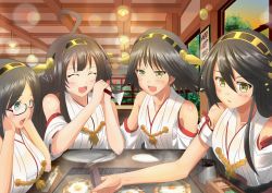 Rule 34 | 10s, 4girls, bare shoulders, black hair, blue eyes, boots, breasts, brown eyes, brown hair, cleavage, detached sleeves, food, glasses, hair ornament, hairband, haruna (kancolle), hiei (kancolle), ichikawa feesu, japanese clothes, kantai collection, kirishima (kancolle), kongou (kancolle), large breasts, long hair, multiple girls, nontraditional miko, open mouth, personification, plate, short hair, smile