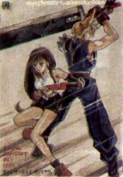 Rule 34 | 1990s (style), cloud strife, final fantasy, final fantasy vii, from behind, huge weapon, lowres, sword, tifa lockhart, weapon