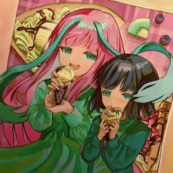 Rule 34 | 2girls, berry, black hair, blush, character request, chocolate syrup, dress, dutch angle, eating, food, food in mouth, fruit, green dress, green eyes, green jacket, highres, holding, holding food, holding ice cream, holding ice cream cone, ice cream, ice cream cone, jacket, kagenoyuhi, kiwi (fruit), kiwi slice, long hair, long sleeves, looking at viewer, medium hair, michi to no kouyuu, multicolored hair, multiple girls, open clothes, open jacket, open mouth, outside border, pink background, pink hair, plaid, plaid background, prehensile hair, size difference, straight hair, streaked hair, two-tone hair, upper body, waffle cone