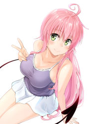 Rule 34 | 1girl, ahoge, arm at side, bare arms, bare shoulders, blush, breasts, camisole, casual, cleavage, closed mouth, collarbone, demon tail, from above, green eyes, hand on own chest, invisible chair, lala satalin deviluke, large breasts, long hair, looking at viewer, looking up, murio, pink hair, simple background, sitting, skirt, sleeveless, smile, solo, tail, thighs, v, very long hair, white background, white skirt