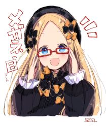 Rule 34 | 1girl, :d, abigail williams (fate), bespectacled, black bow, black dress, black hat, blonde hair, blue eyes, blush, bow, commentary, dress, fate/grand order, fate (series), forehead, glasses, hair bow, hat, head tilt, long hair, long sleeves, looking at viewer, notice lines, open mouth, orange bow, parted bangs, red-framed eyewear, signature, simple background, sleeves past wrists, smile, sofra, solo, symbol-only commentary, translation request, upper body, very long hair, white background