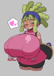 Rule 34 | 1girl, blush, breasts, covered erect nipples, dreadlocks, dress, female focus, green eyes, green hair, grey background, grin, half-closed eyes, heart, highres, holding, holding skateboard, huge breasts, long hair, ninjala, nishiki (artist), pink dress, shorts, shortstack, skateboard, smile, solo, standing, taut clothes, thick thighs, thighs